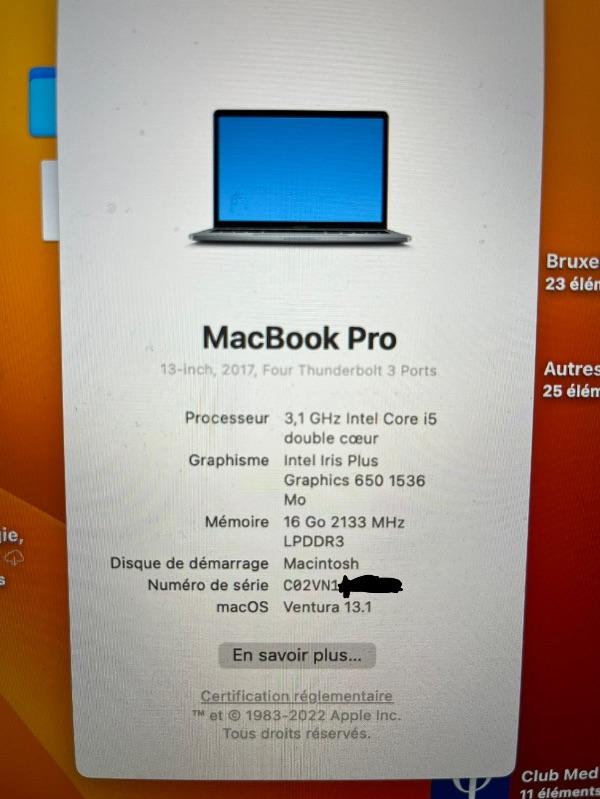 MacBook Pro 13“ 512Go RAM16Go