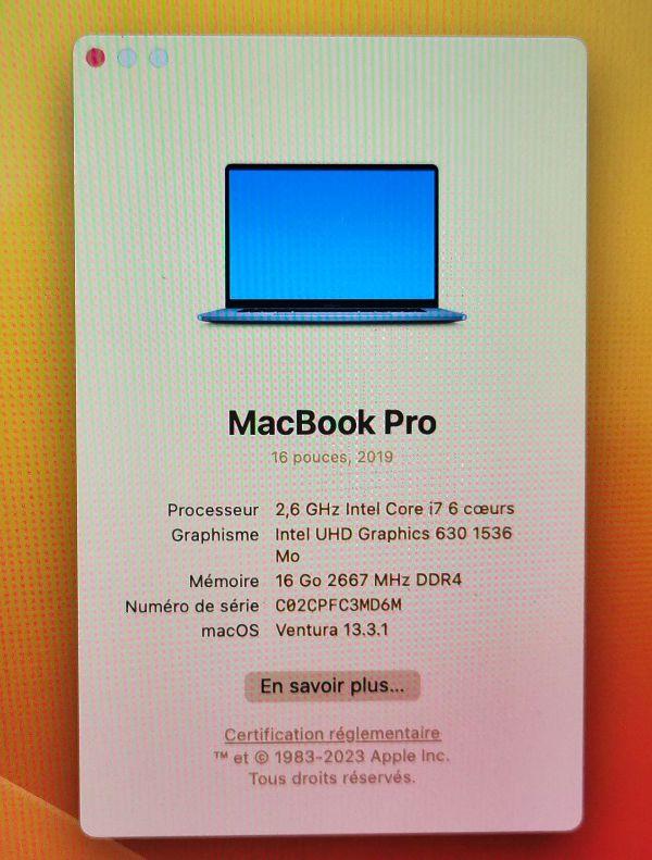 Apple MacBook Pro 2019 – 16" Intel core i7 – Ram 16 Go – DD 500 Go – Azerty