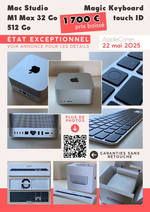 Mac Studio M1 excellent état – EXCEPTIONNEL : disque interne utilisé quelques heures seulement